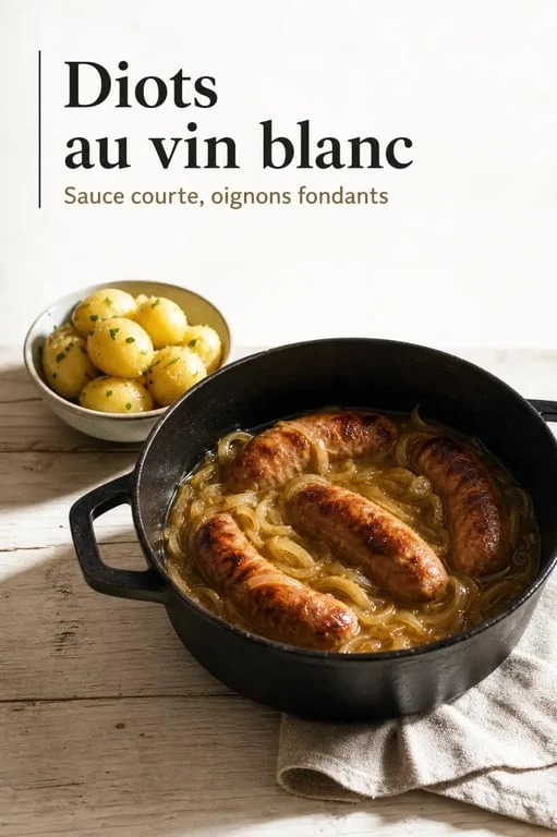 Recette diots au vin blanc servis dans une cocotte avec pommes de terre vapeur