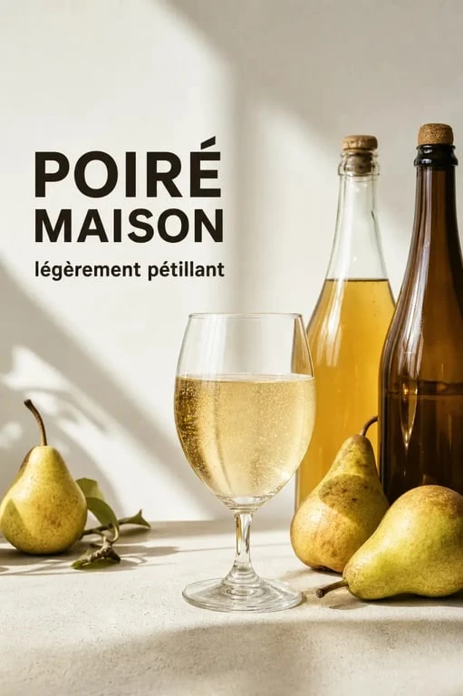 Recette du poiré maison servie en verre avec poires fraîches