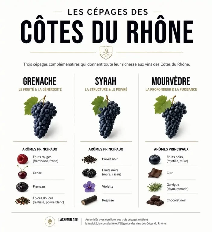 Infographie des principaux cépages de l'appellation Côtes du Rhône : Grenache, Syrah et Mourvèdre