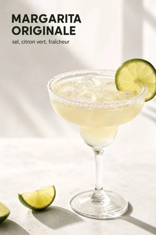 Recette margarita originale servie dans un verre givré de sel avec citron vert