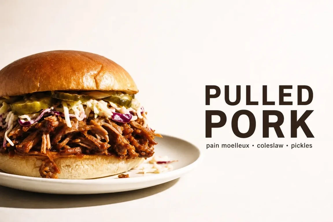 Recette pulled pork servie en sandwich avec coleslaw et pickles