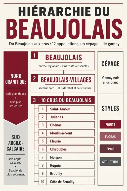 Infographie vin beaujolais comparant Beaujolais, Beaujolais-Villages et crus du Beaujolais