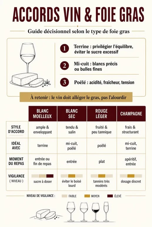 Quel vin avec foie gras : infographie comparative des accords entre blanc moelleux, blanc sec, rouge léger et champagne