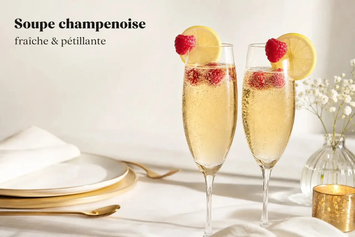 Recette champenoise : soupe champenoise servie dans des flûtes élégantes sur une table de fête