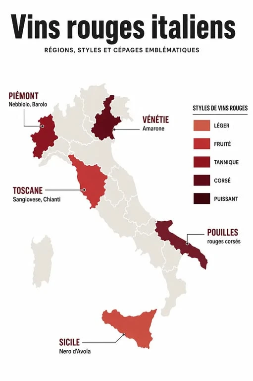 Carte comparative du vin italien rouge avec les principales régions, cépages et styles