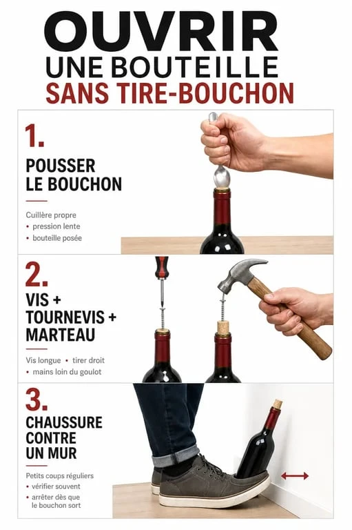 Ouvrir bouteille sans tire bouchon : illustration des méthodes sûres avec cuillère, vis et chaussure