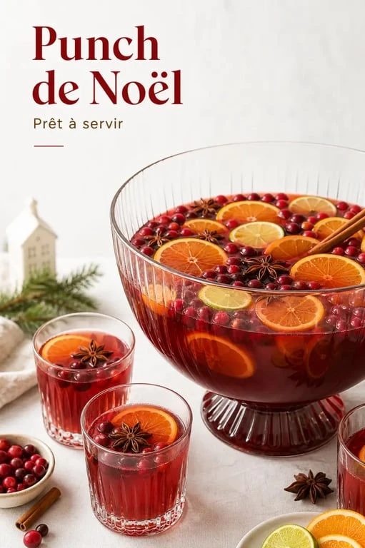 Punch de Noël servi dans un grand saladier avec agrumes, cranberries et épices festives