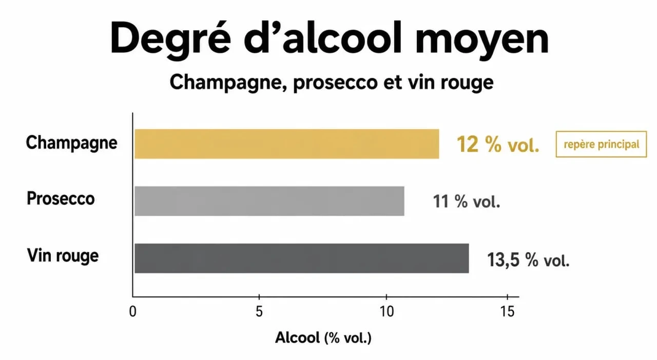 Comparaison visuelle du degré d'alcool moyen entre le champagne, le prosecco et le vin rouge.