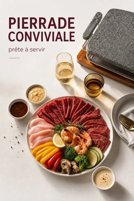 Recette pour pierrade conviviale avec viandes, légumes et sauces maison