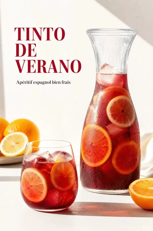 Recette tinto de verano servie en carafe avec citron, orange et glaçons