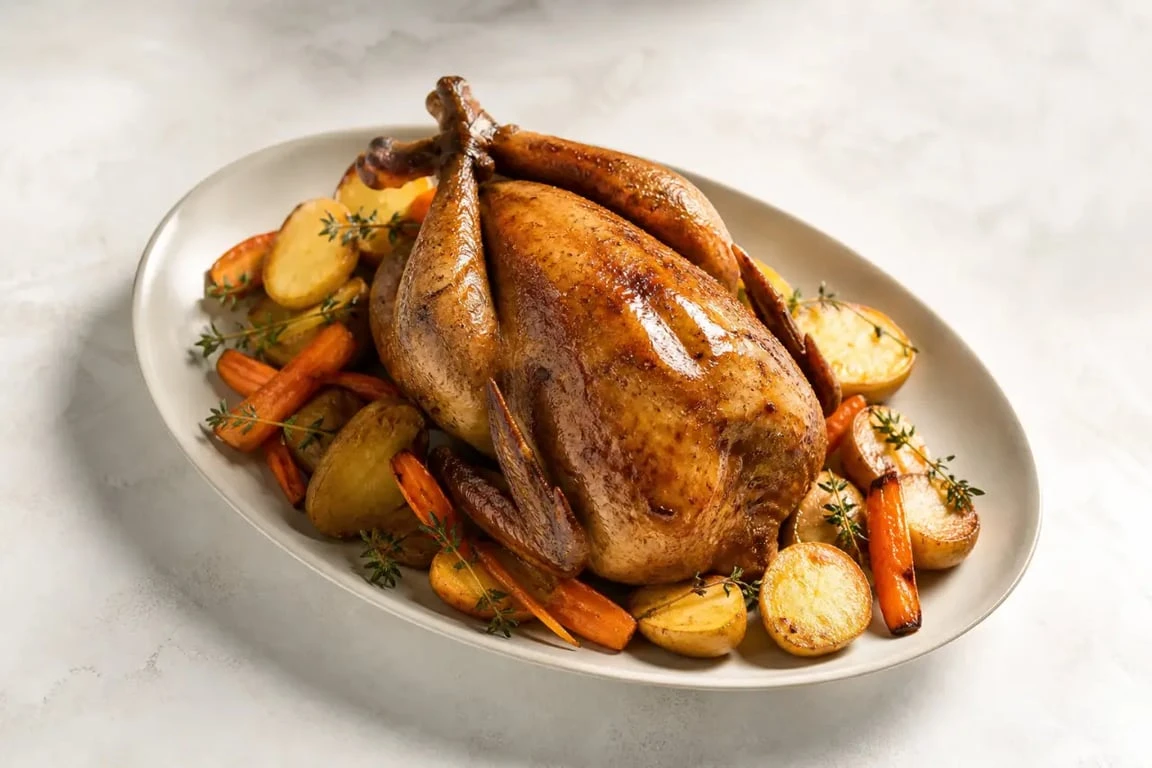 Recette de pintade rôtie au four, servie dorée avec légumes