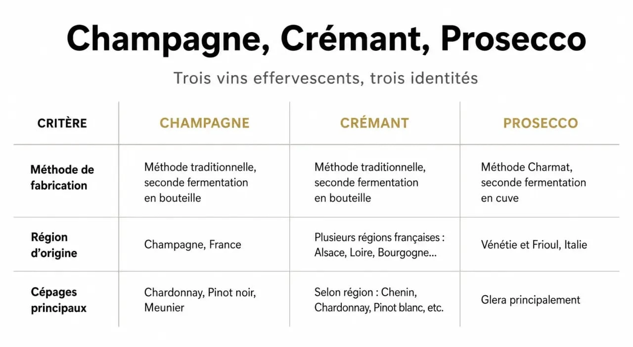 Infographie comparative des différences entre le champagne, le crémant et le prosecco pour comprendre leurs spécificités.