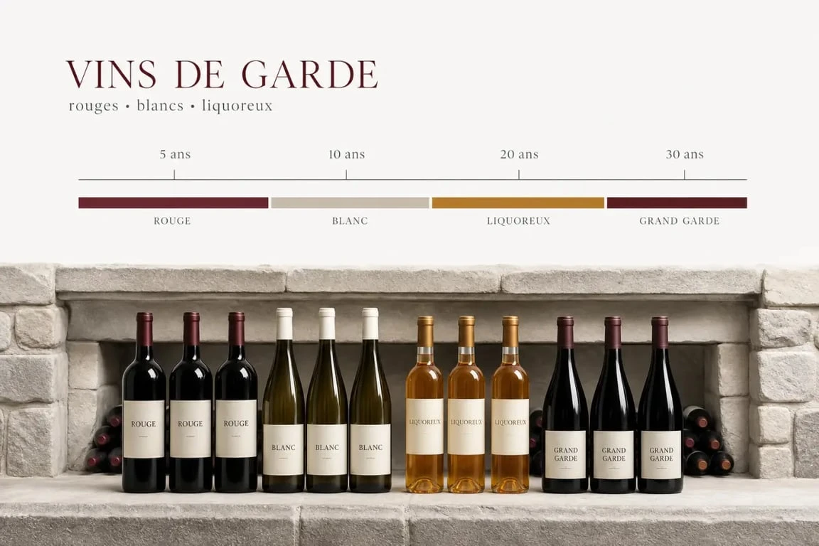 Vin de garde 2025 : cave à vin éditoriale avec frise de vieillissement et bouteilles sélectionnées