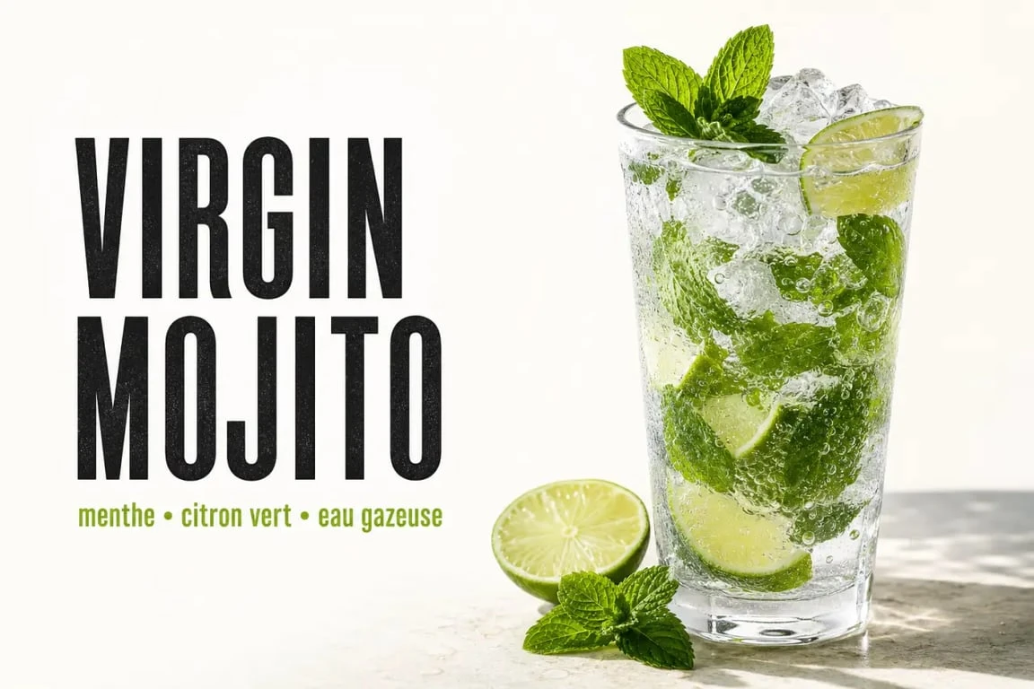 Recette mojitos sans alcool servie dans un grand verre avec menthe fraîche, citron vert et glace pilée