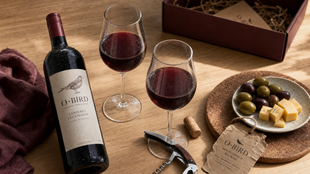 Meilleur vin rouge sans alcool : bouteille et verres bordeaux