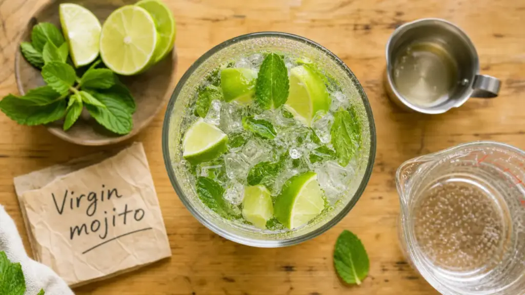 Mojitos sans alcool : verre glace, citron vert et menthe
