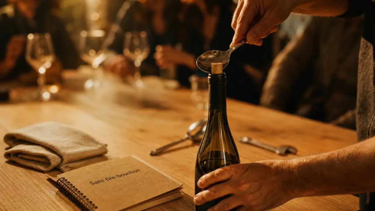 Ouvrir bouteille sans tire bouchon avec une cuillère, sur table en bois