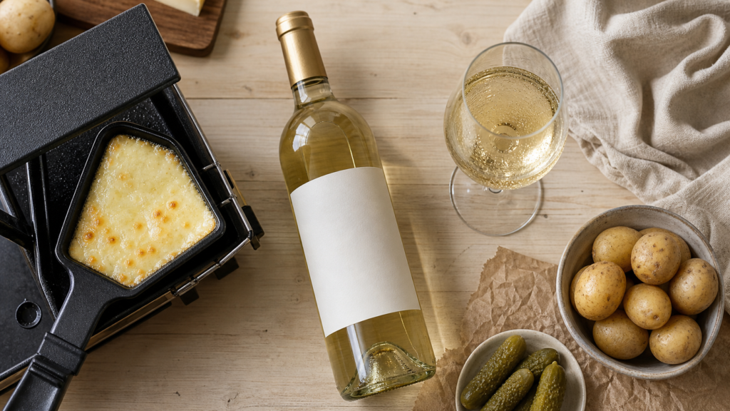 Quel vin pour raclette : bouteille de vin blanc sec avec raclette