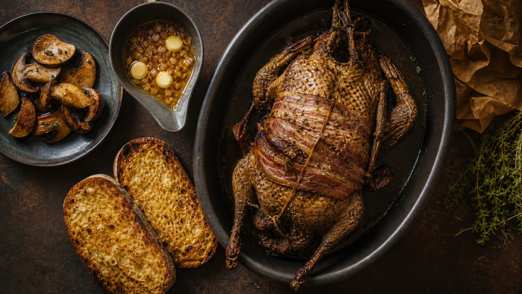 Recette becasse rôtie au four, bécasse lardée et sauce cognac, cèpes