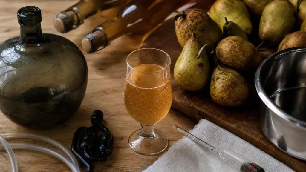 Recette du poiré maison : verre de poiré ambré, poires et barboteur