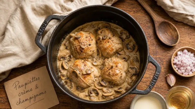 Recette paupiette de poulet crème et champignons en cocotte, sauce onctueuse