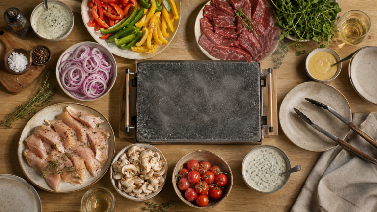 Recette pour pierrade : pierre fumante, lanières de poivron et sauces maison