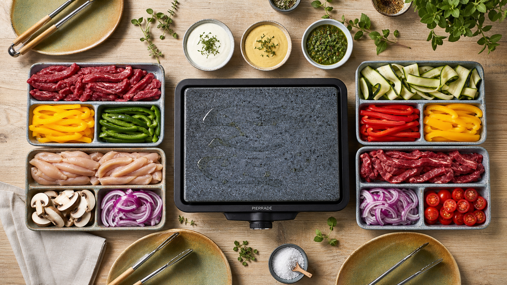 Recette pour pierrade : découpe fine et sauces maison
