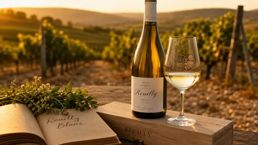 Reuilly vin blanc AOC : bouteille et verre de Sauvignon au coucher du soleil
