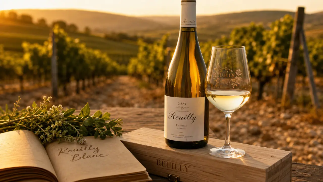Reuilly vin blanc AOC : bouteille et verre de Sauvignon au coucher du soleil