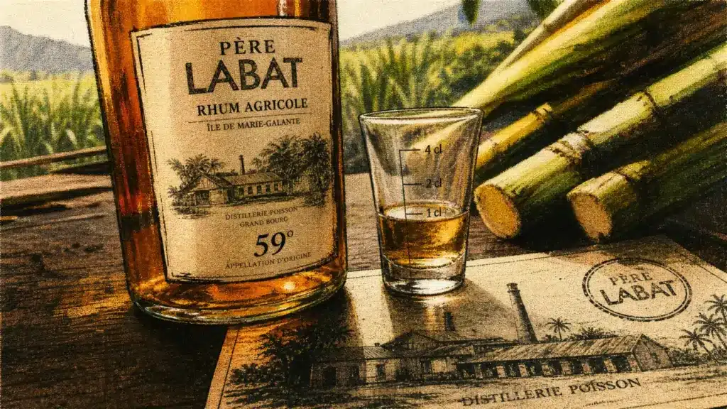 Photo rhum labat agricole sur table bois, distillerie Poisson à Marie-Galante