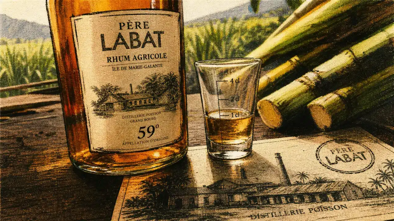 Photo rhum labat agricole sur table bois, distillerie Poisson à Marie-Galante