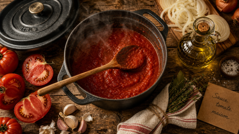 Sauce tomate maison grand-mère, cocotte et tomates mûres pour une sauce épaisse
