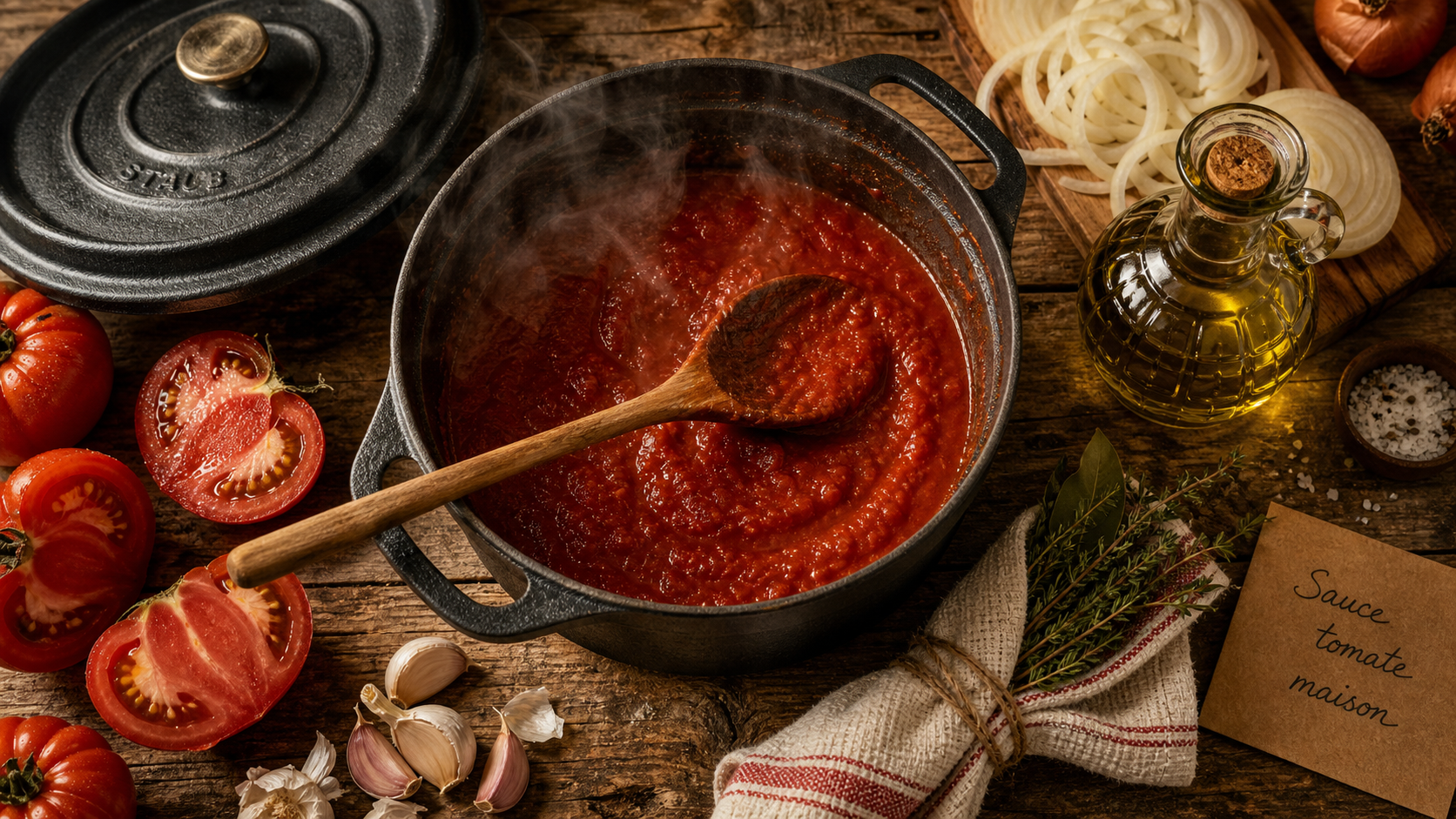 Sauce tomate maison grand-mère, cocotte et tomates mûres pour une sauce épaisse