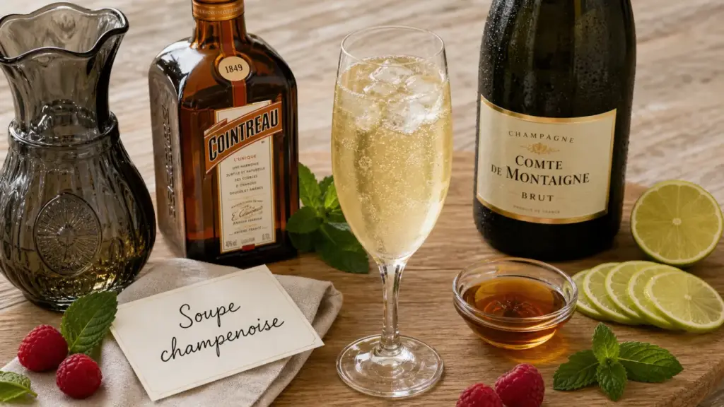 Soupe champenoise recette, flûte avec bulles et glaçons