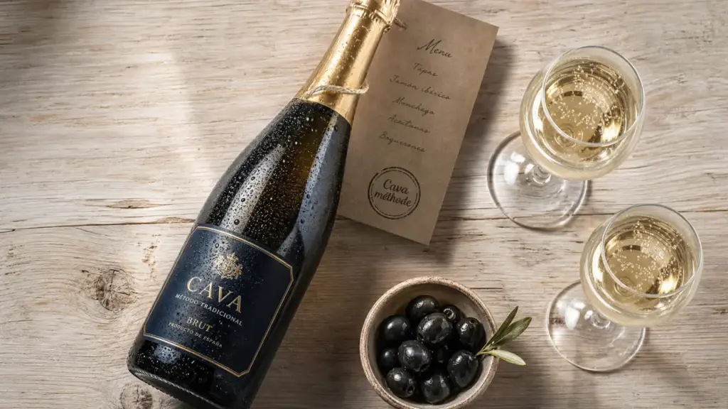 Vin espagnol petillant Cava de Catalogne, bouteille et verres