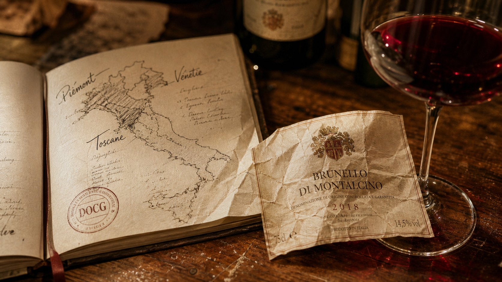 Vin italien rouge Toscane Piémont Vénétie, étiquette DOCG sur table.