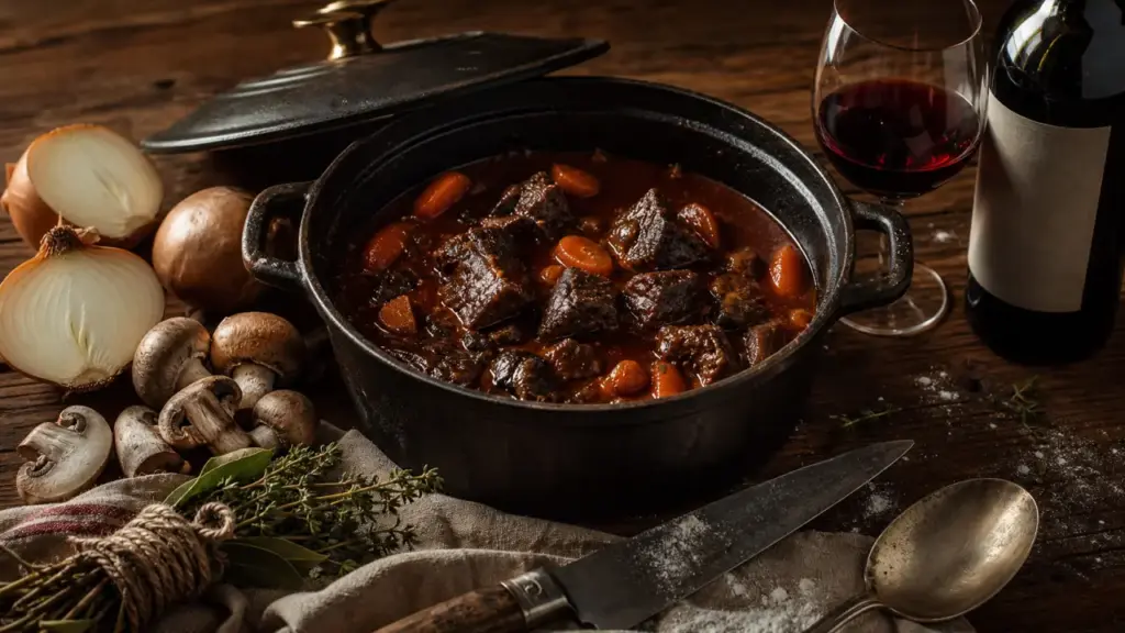 Vin rouge pour cuisiner boeuf bourguignon, cocotte et sauce