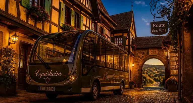 Eguisheim en Alsace médiévale, minibus sur ruelle pavée, dégustation de vin depuis Colmar