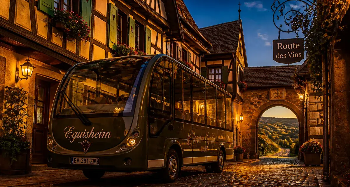 Eguisheim en Alsace médiévale, minibus sur ruelle pavée, dégustation de vin depuis Colmar