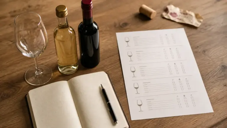 Apprendre vin : verre vide, bouteilles blanc et rouge, fiche de dégustation