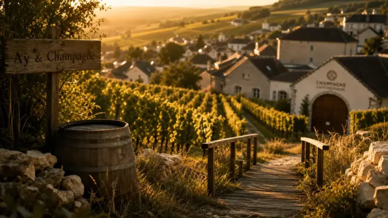 Ay Champagne : vignoble, bourg et cave en golden hour