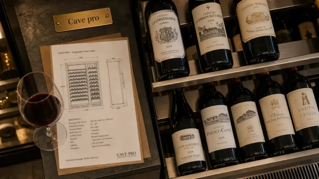 Cave à vin professionnel vitrée multi-températures, bouteilles et clayettes
