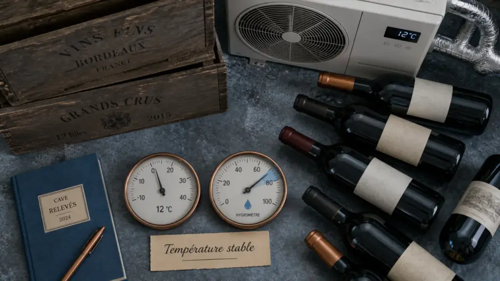 Climatiser une cave à vin : thermomètre 12°C et hygromètre 60–75% humidité