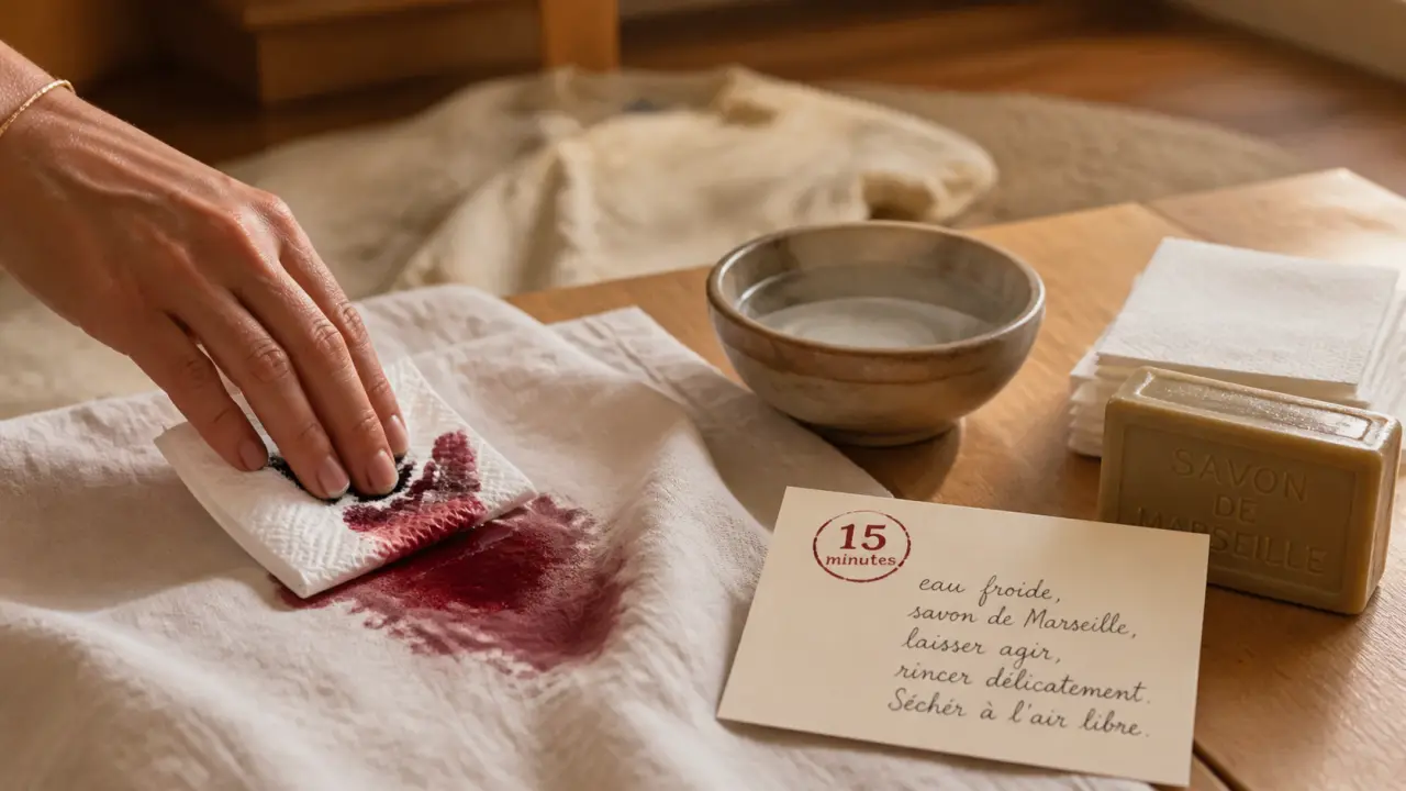 Comment enlever des taches de vin rouge sur textile : 15 minutes, eau froide et savon