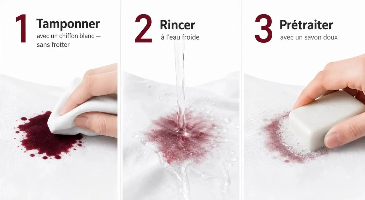 Tache de vin rouge : gestes immédiats pour tamponner, rincer à l’eau froide et prétraiter le tissu