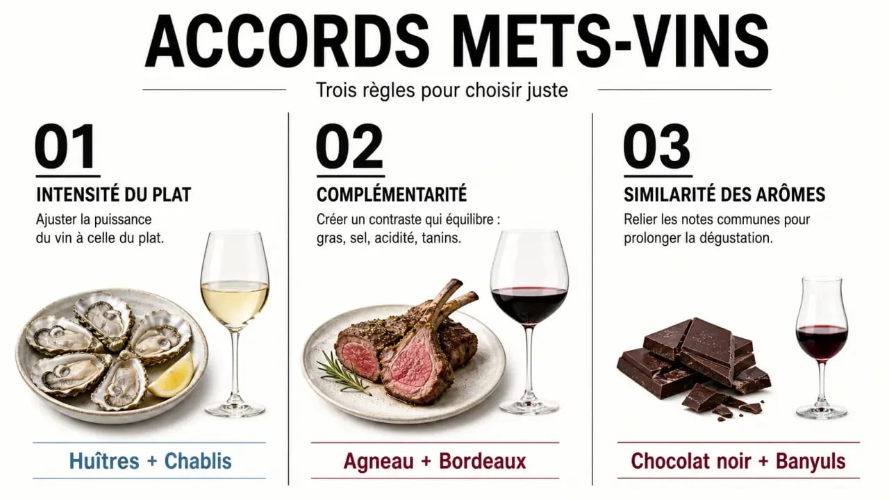 Infographie vin mets accord avec trois règles clés et exemples d’accords classiques