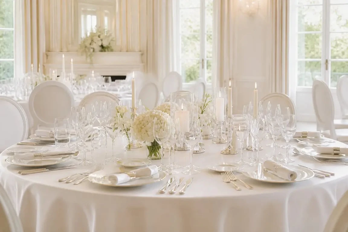 Art de table champenois : réception élégante avec vaisselle, verrerie et nappage haut de gamme