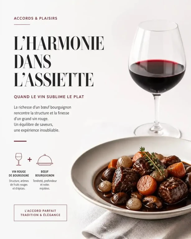 Accord mets vins : un verre de vin rouge accompagné d'un bœuf bourguignon pour illustrer l'équilibre des saveurs
