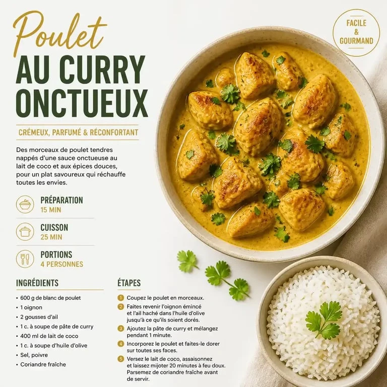 Recette poulet curry onctueux servi avec du riz basmati