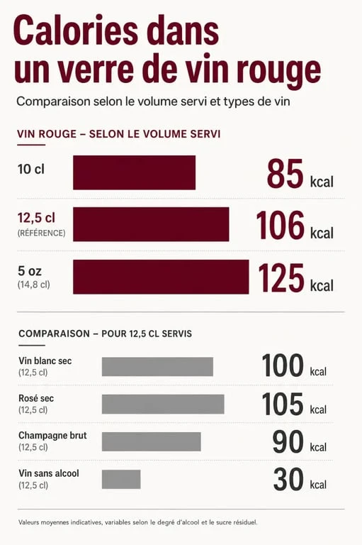 Calorie verre de vin rouge : infographie comparative des calories selon le volume servi et le type de boisson